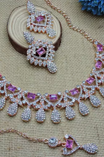 Purple rose gold premium designer american diamond and stone work necklace set