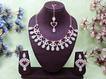 Maroon rose gold premium designer american diamond and stone work necklace set 1