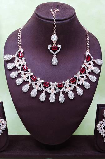 Maroon rose gold premium designer american diamond and stone work necklace set