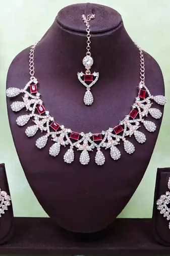 Maroon rose gold premium designer american diamond and stone work necklace set