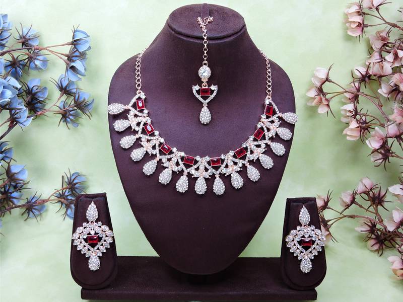 Maroon rose gold premium designer american diamond and stone work necklace set