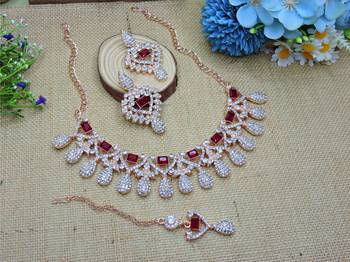 Maroon rose gold premium designer american diamond and stone work necklace set 2