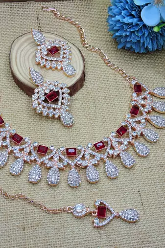 Maroon rose gold premium designer american diamond and stone work necklace set