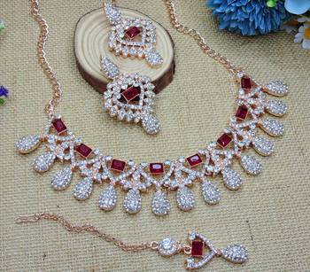Maroon rose gold premium designer american diamond and stone work necklace set 3