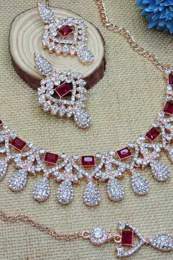 Maroon rose gold premium designer american diamond and stone work necklace set