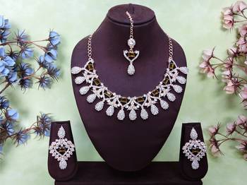 Green rose gold premium designer american diamond and stone work necklace set 1