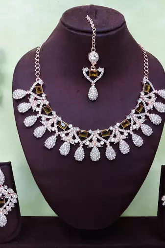 Green rose gold premium designer american diamond and stone work necklace set