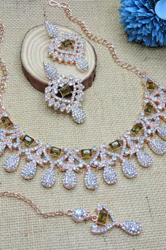 Green rose gold premium designer american diamond and stone work necklace set
