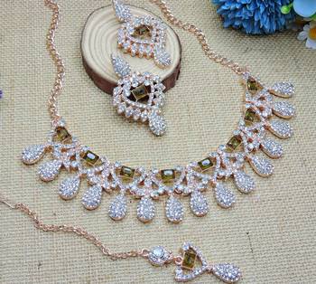 Green rose gold premium designer american diamond and stone work necklace set 3
