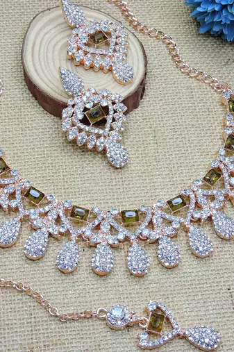 Green rose gold premium designer american diamond and stone work necklace set