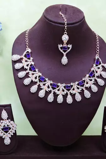 Blue rose gold premium designer american diamond and stone work necklace set