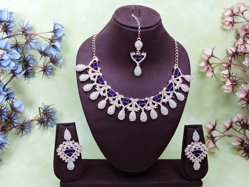 Blue rose gold premium designer american diamond and stone work necklace set