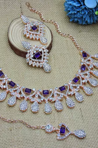 Blue rose gold premium designer american diamond and stone work necklace set