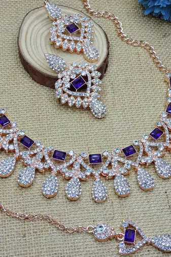 Blue rose gold premium designer american diamond and stone work necklace set