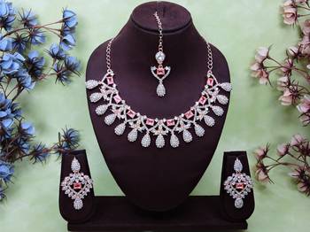 Pink rose gold premium designer american diamond and stone work necklace set 1