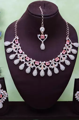 Pink rose gold premium designer american diamond and stone work necklace set