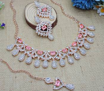 Pink rose gold premium designer american diamond and stone work necklace set 2