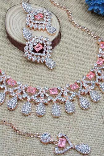Pink rose gold premium designer american diamond and stone work necklace set