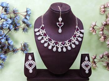 Purple rose gold premium designer american diamond and stone work necklace set 1