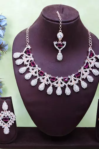Purple rose gold premium designer american diamond and stone work necklace set