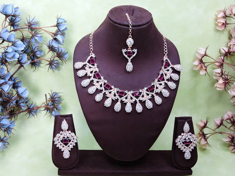 Purple rose gold premium designer american diamond and stone work necklace set