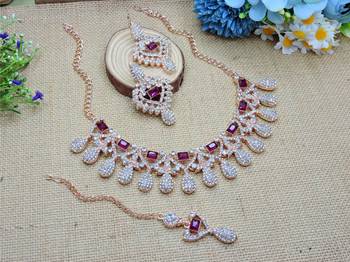 Purple rose gold premium designer american diamond and stone work necklace set 2