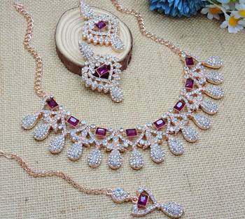 Purple rose gold premium designer american diamond and stone work necklace set 3