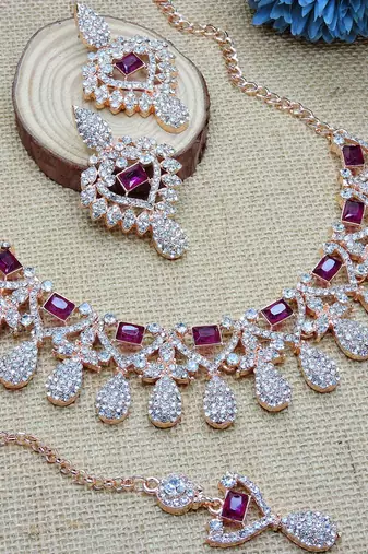 Purple rose gold premium designer american diamond and stone work necklace set