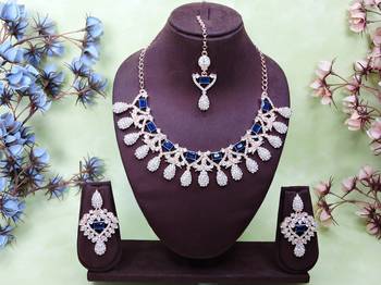 Blue rose gold premium designer american diamond and stone work necklace set 1