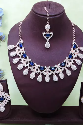 Blue rose gold premium designer american diamond and stone work necklace set