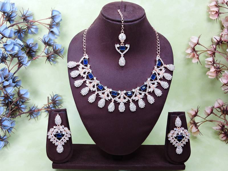 Blue rose gold premium designer american diamond and stone work necklace set