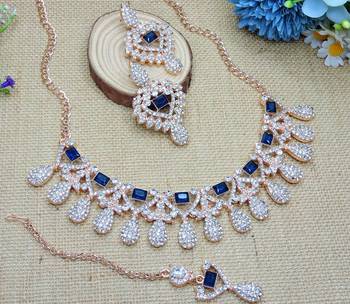 Blue rose gold premium designer american diamond and stone work necklace set 3
