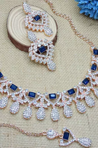 Blue rose gold premium designer american diamond and stone work necklace set