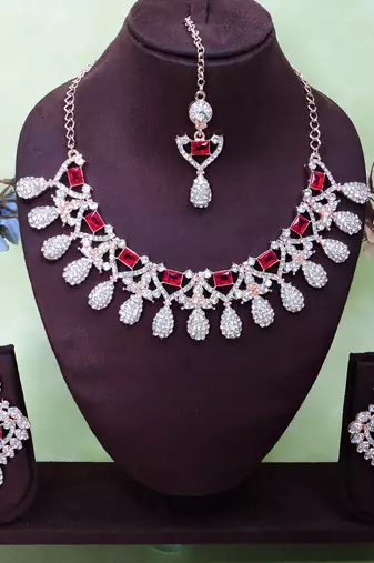 Pink rose gold premium designer american diamond and stone work necklace set