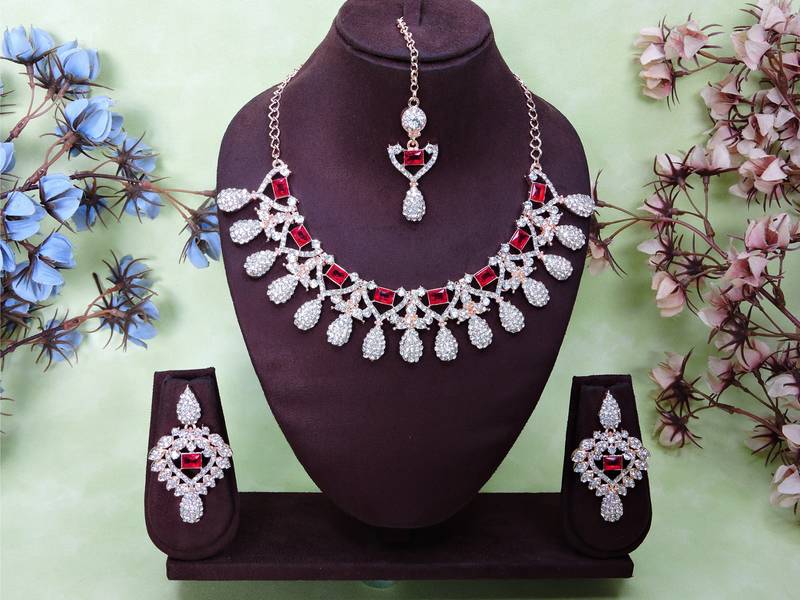 Pink rose gold premium designer american diamond and stone work necklace set