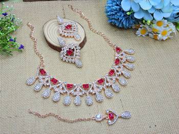 Pink rose gold premium designer american diamond and stone work necklace set 2