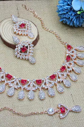 Pink rose gold premium designer american diamond and stone work necklace set
