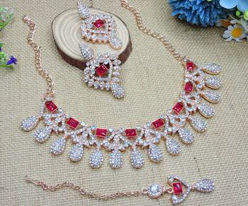 Pink rose gold premium designer american diamond and stone work necklace set 3