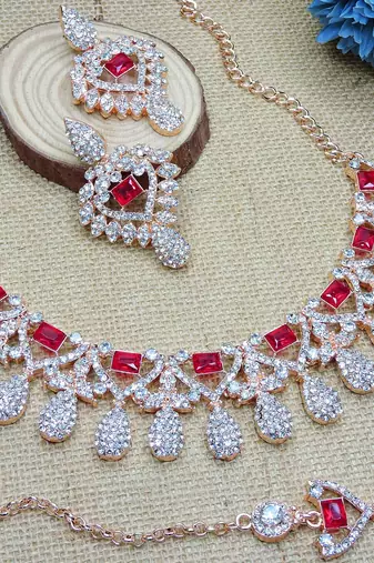 Pink rose gold premium designer american diamond and stone work necklace set