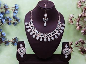 White rose gold premium designer american diamond and stone work necklace set 1