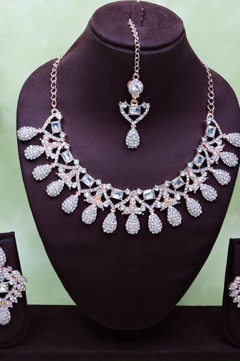 White rose gold premium designer american diamond and stone work necklace set