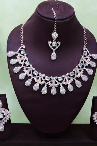 White rose gold premium designer american diamond and stone work necklace set