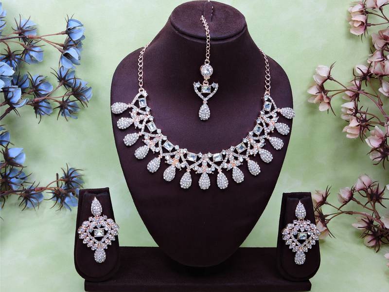 White rose gold premium designer american diamond and stone work necklace set