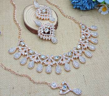 White rose gold premium designer american diamond and stone work necklace set 3