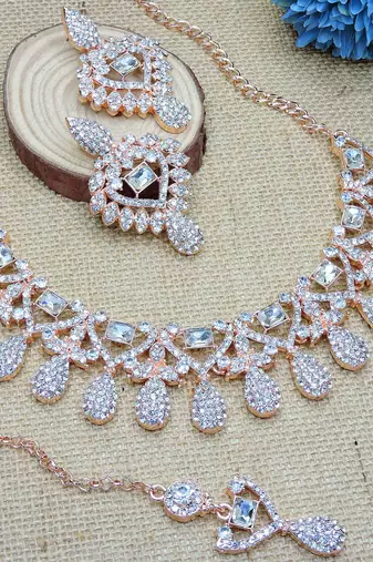 White rose gold premium designer american diamond and stone work necklace set