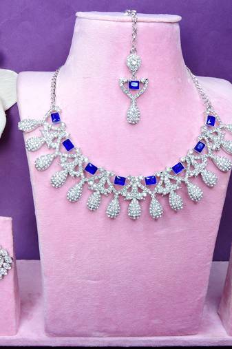 Blue rhodium premium designer american diamond and stone work necklace set