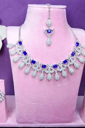 Blue rhodium premium designer american diamond and stone work necklace set
