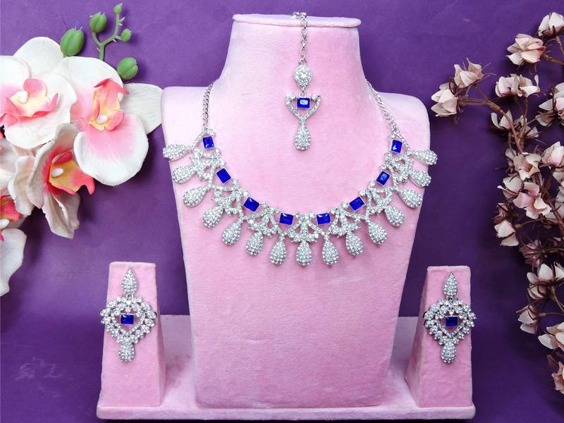 Blue rhodium premium designer american diamond and stone work necklace set