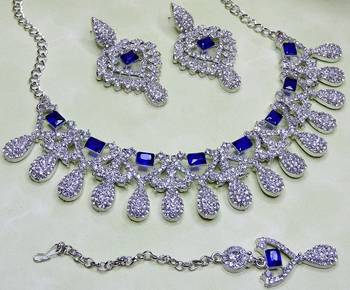 Blue rhodium premium designer american diamond and stone work necklace set 3