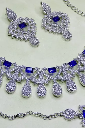 Blue rhodium premium designer american diamond and stone work necklace set